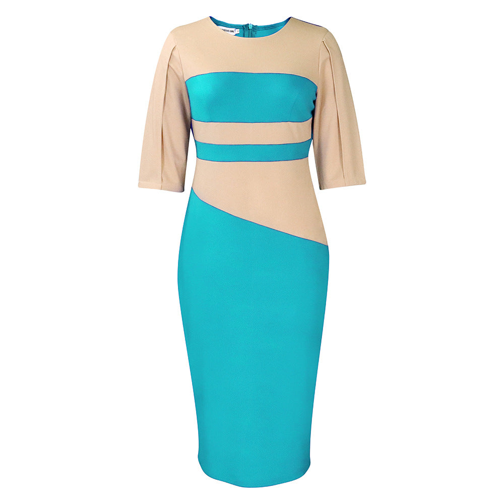 Chic Color Block Pencil Dress Elegant Office Style