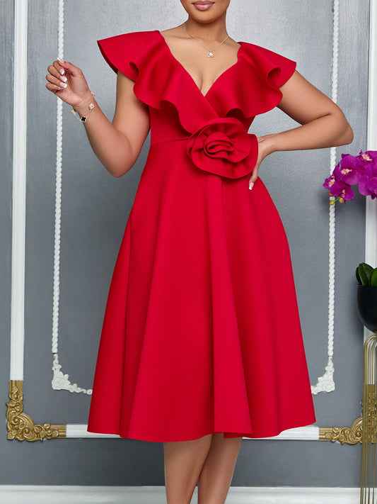 V-Neck Ruffle Floral Dress Elegant Evening Gown
