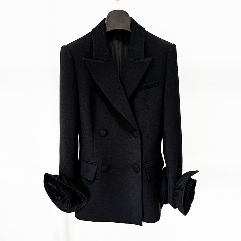 Stylish Double-Breasted Floral Embellished Blazer Jacket