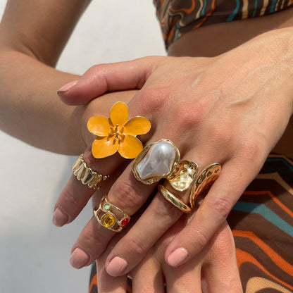 Floral Open Ring With Pearl Accents