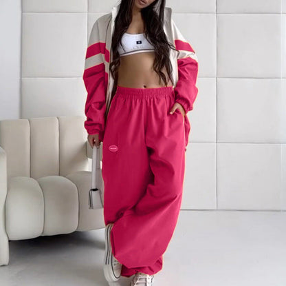 American Street Style Color-Block Sports Jacket and Pants Set