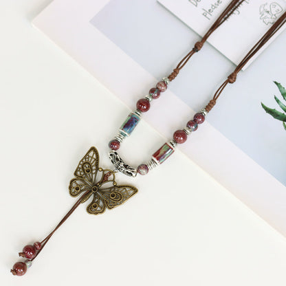 Ethnic Style Ceramic Long Sweater Chain Women'S Antique Hanging Vintage Chinese Style Butterfly Necklace