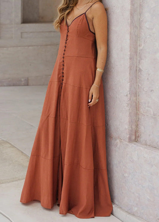 Button Front Maxi Dress Lightweight Woven Blend
