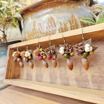 Rustic Leaf Acorn Earrings Handmade Floral Wooden Jewelry