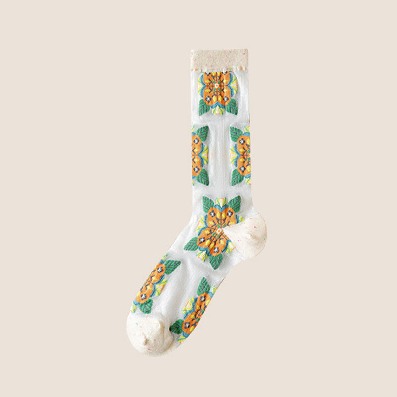 Rufia -  Embroidered Floral Pattern Sheer Socks