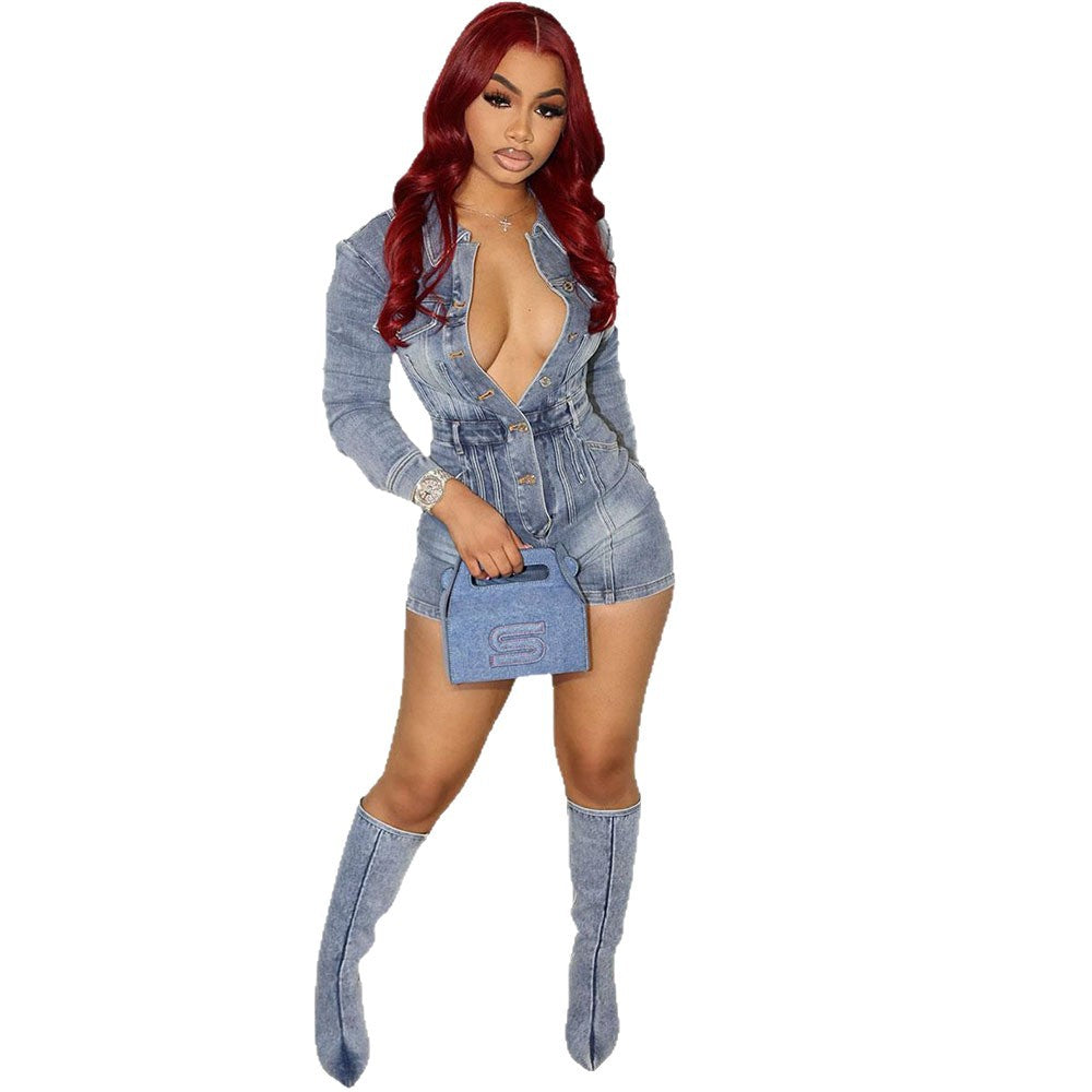 Fashionable Washed Denim Jumpsuit For Women