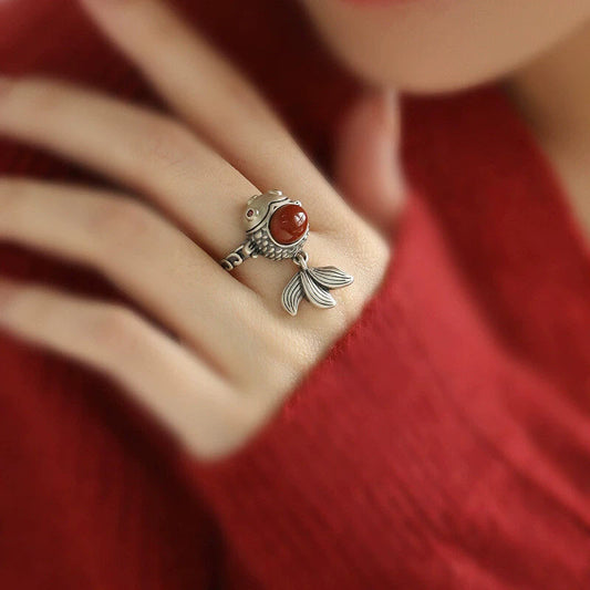 925 Silver Retro New Tibet Style Lucky Little Fat Fish Koi Ring