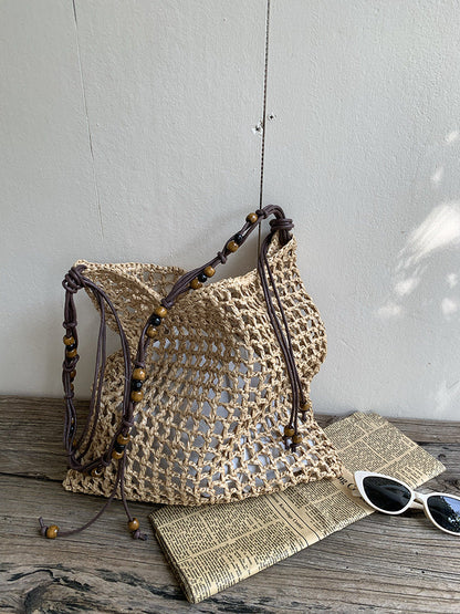 Woven Tote Bag with Beads Large Capacity Shoulder Bag for Everyday Use