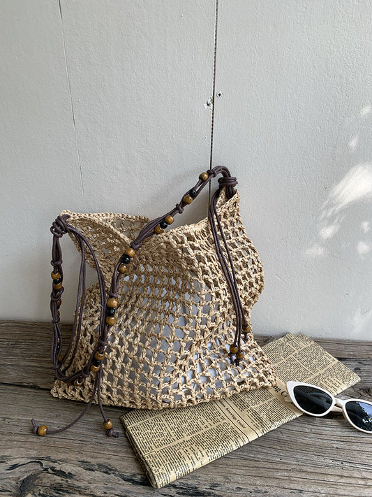 Woven Tote Bag with Beads Large Capacity Shoulder Bag for Everyday Use