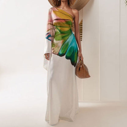 Elegant Floral Print One-Shoulder Maxi Dress