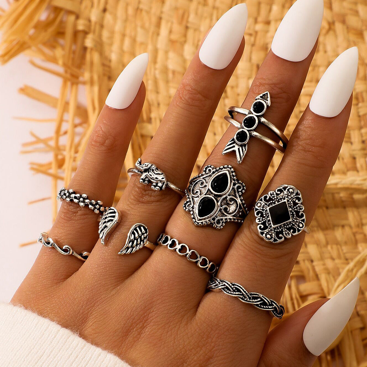 15 Piece Ring Set Personalized Fashion Style Hollow Out Lotus Sunflower Geometry Black Gem Set Ring