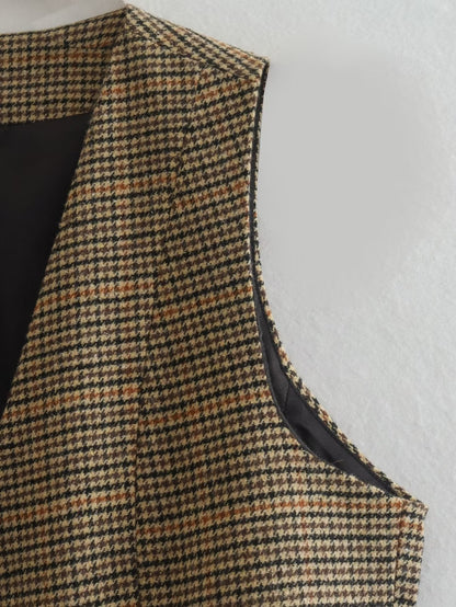 Vintage Plaid V-Neck Sleeveless Vest