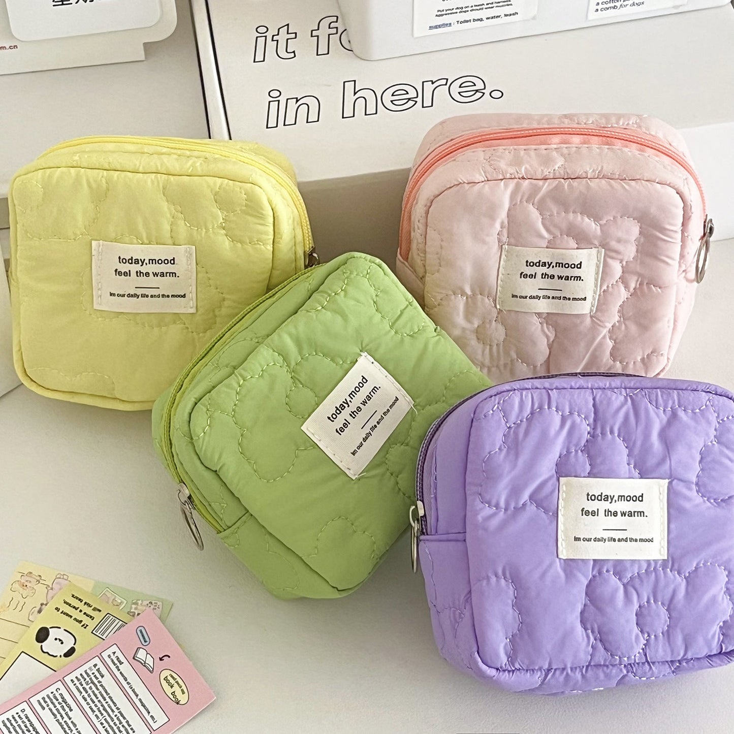 Quilted Floral Storage Pouch Candy Color Travel Earphone Coin Bag