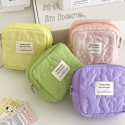 Quilted Floral Storage Pouch Candy Color Travel Earphone Coin Bag