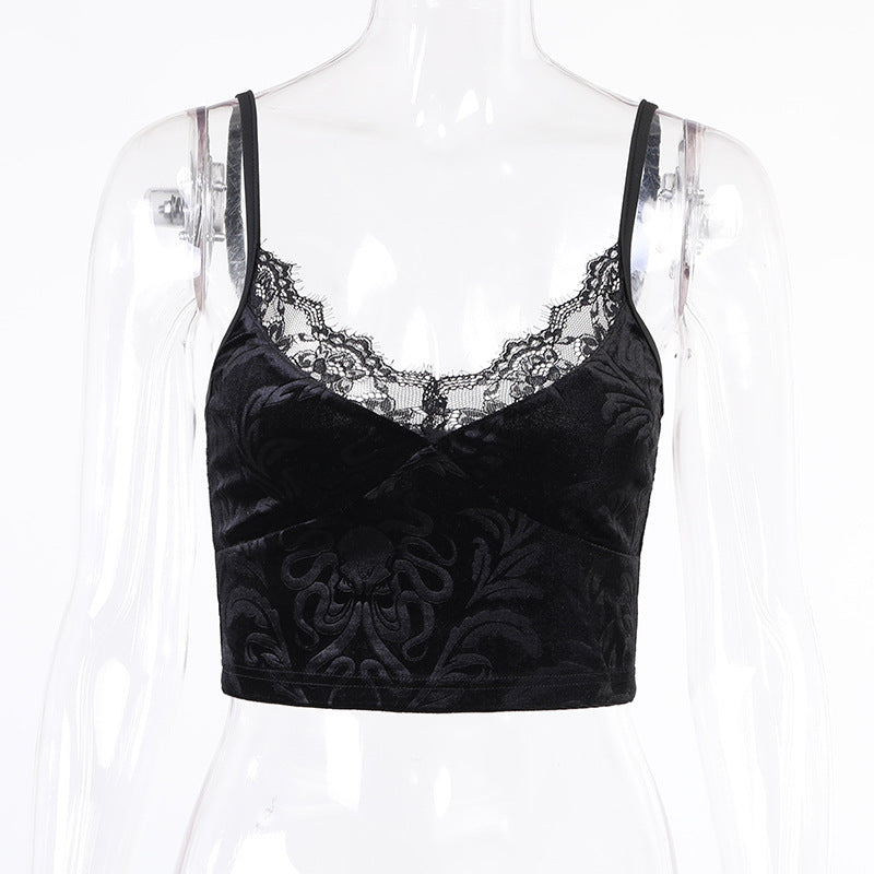 Summer Black Lace Trim Crop Top for Women