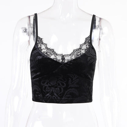 Summer Black Lace Trim Crop Top for Women