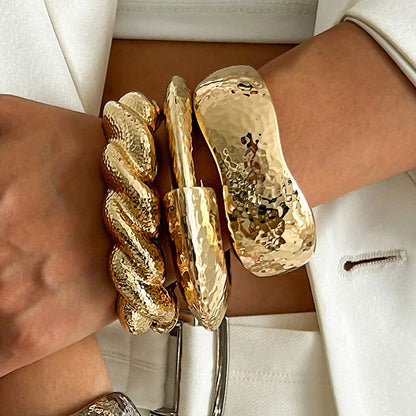 Exaggerated Wide Hammered Finish Bangle Bracelet Set