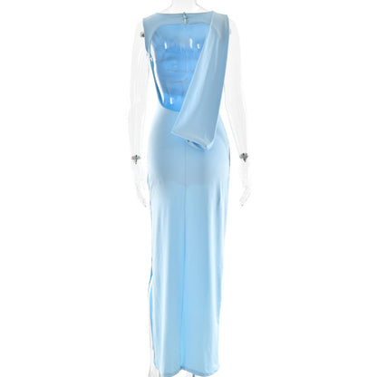 Fashion Round Neck Pleated Sleeveless Maxi Dress