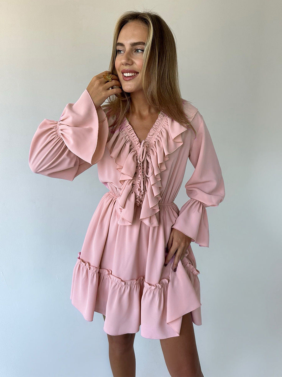V-Neck Flare Sleeve Chiffon Dress Casual Elegant Short Dress