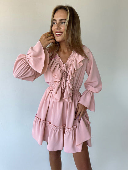 V-Neck Flare Sleeve Chiffon Dress Casual Elegant Short Dress