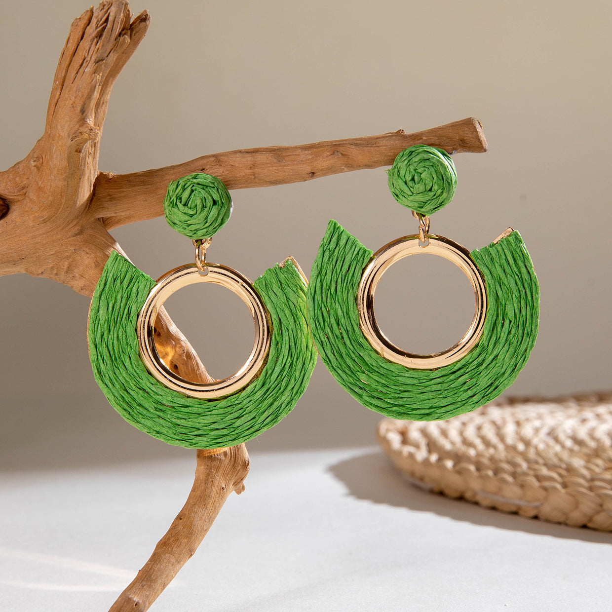 Handmade Woven Raffia Vacation Earrings Floral Design