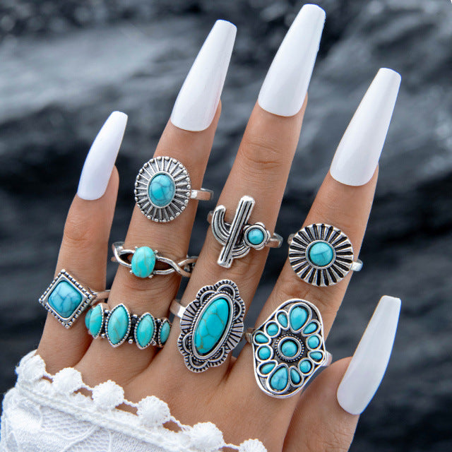 Bohemian Style Carved Feather Turquoise Ring Set