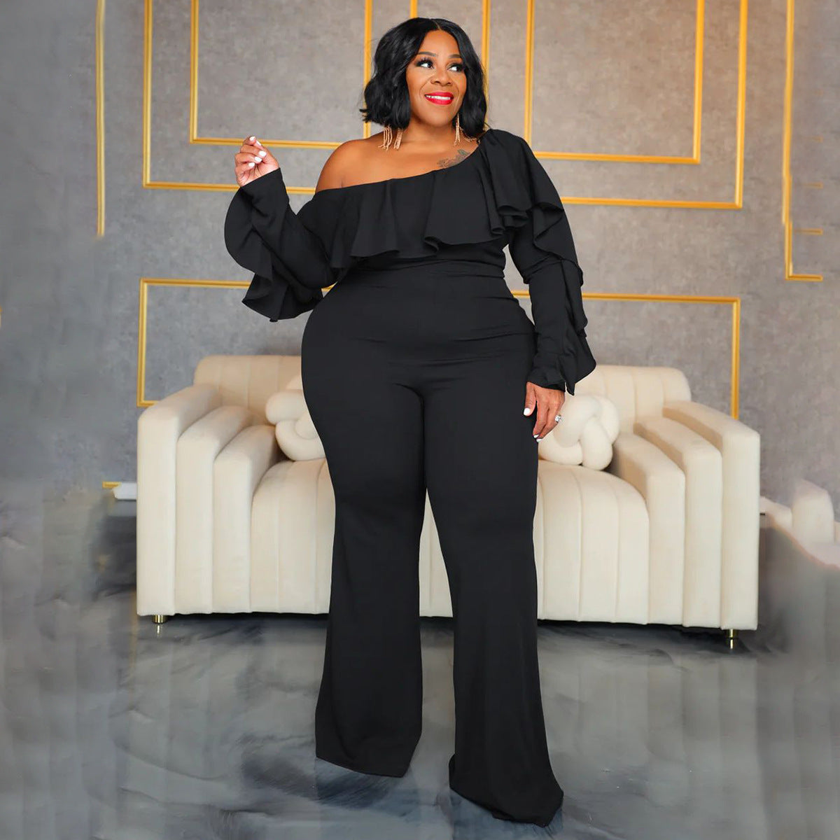 Plus Size Solid Color Off-Shoulder Jumpsuit For Women