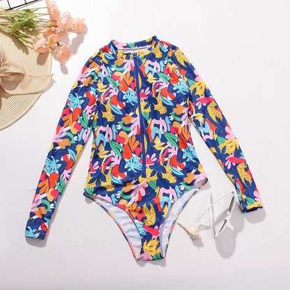 Women'S One Piece Long Sleeve Surfwear Multicolor Print Zip Swimsuit