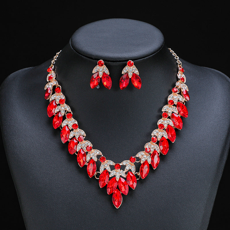 Retro Statement Necklace and Earring Set Crystal Gem Short Chain Women's Fashion Accessories