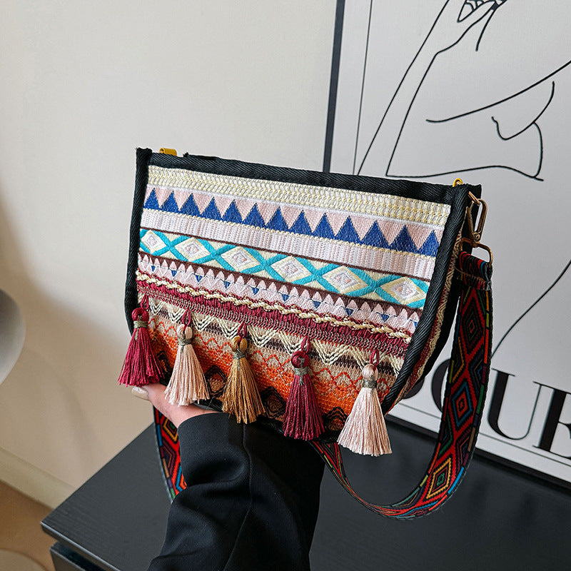Woven Fringe Crossbody Bag Stylish Cotton Handbag