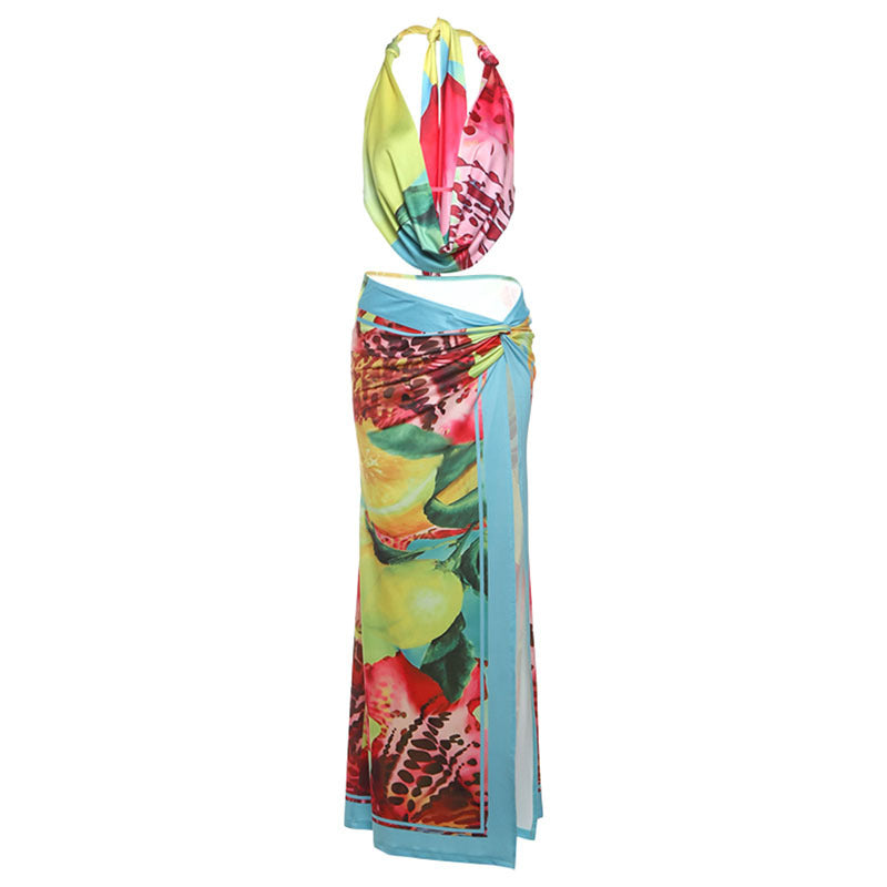 Trendy Sexy Backless Halter Top & Split Maxi Skirt Set