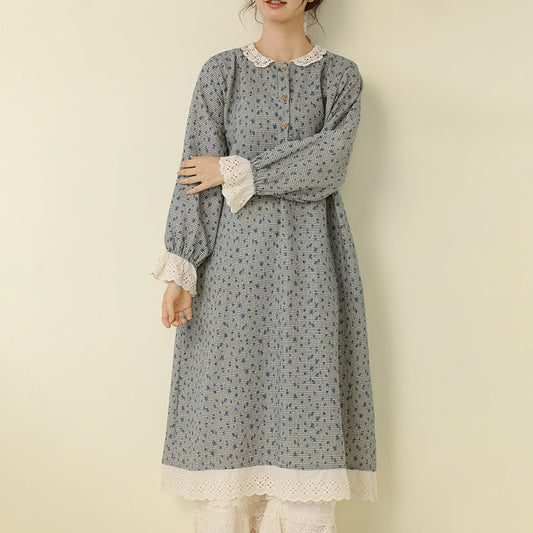 Artistic Floral Long Dress Comfortable Cotton Linen A-Line Dress
