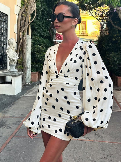 Fashion Polka Dot Printed Deep V Bodycon Dress with Bell Sleeves
