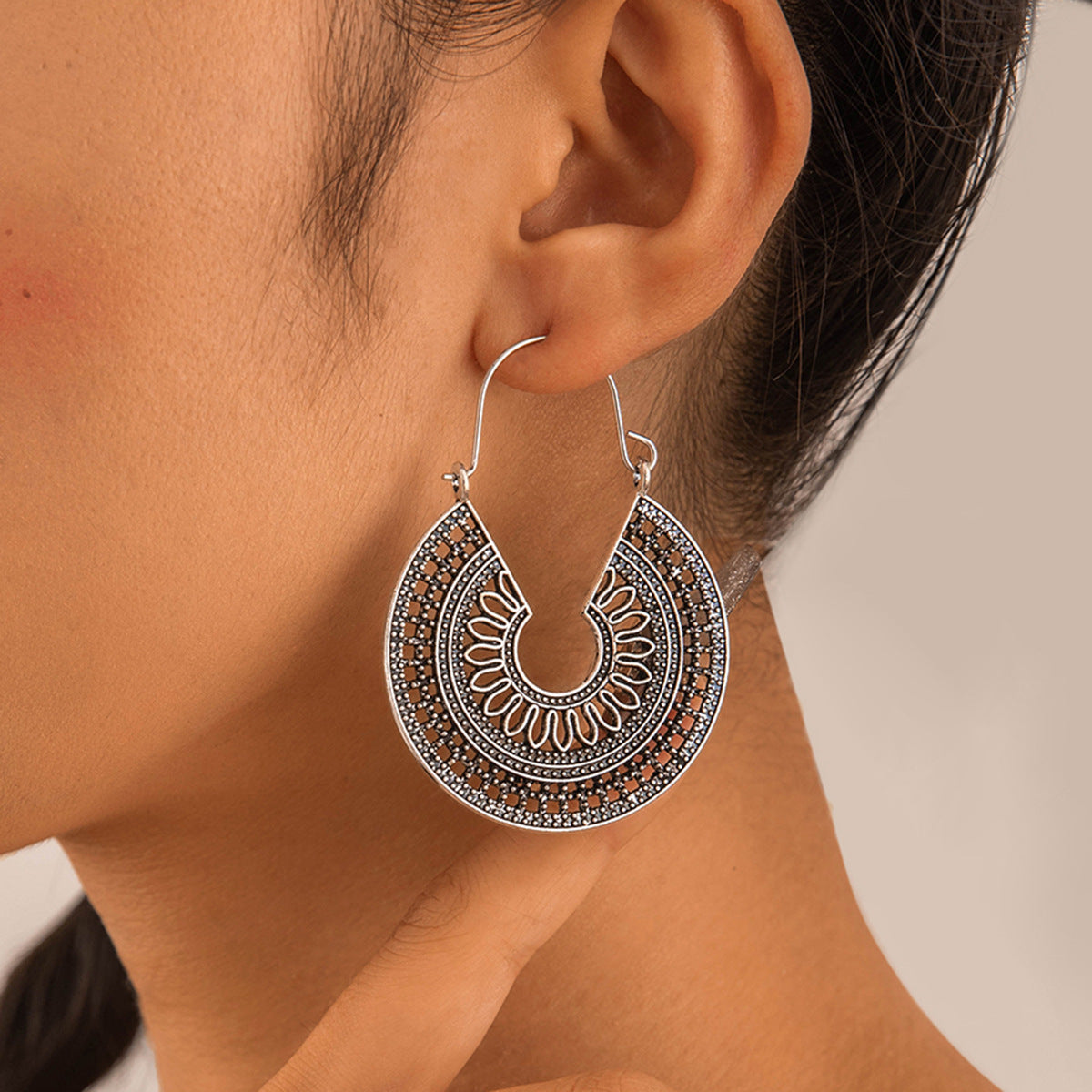 Vintage Geometric Metal Hoop Earrings With Floral Patterns
