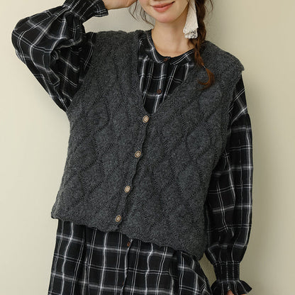 Casual V-Neck Button-Up Knit Vest Loose Fit for Women