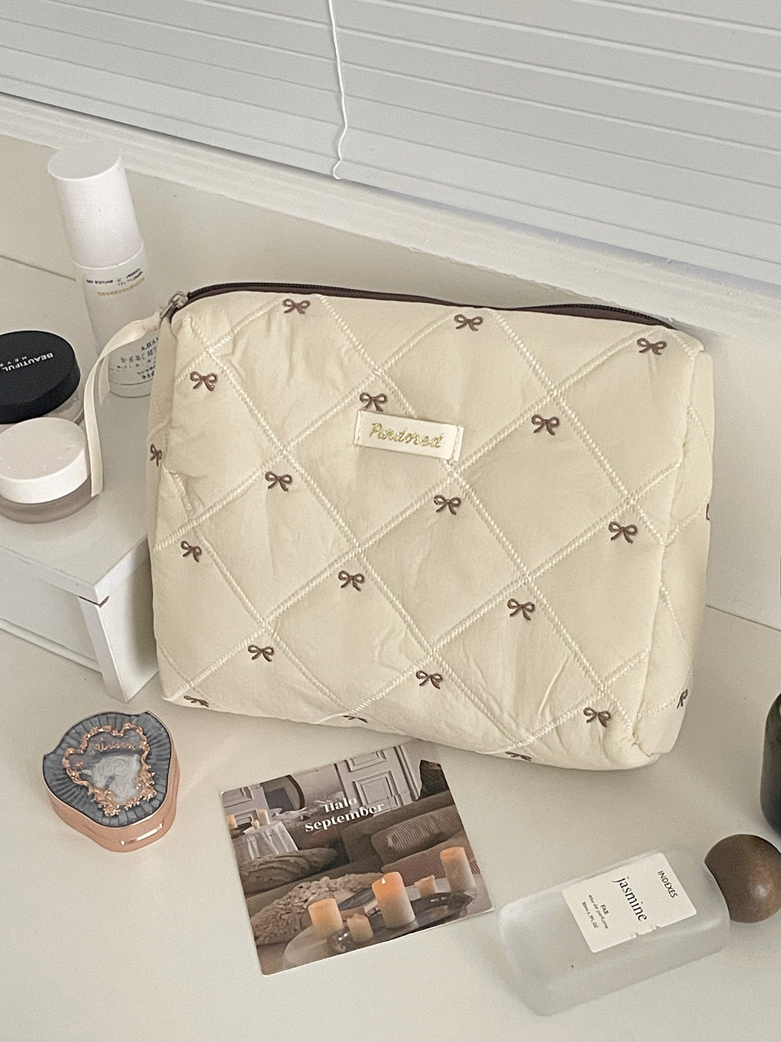 Coffee Bowknot Makeup Bag Portable Embroidered Travel Organizer