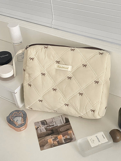 Coffee Bowknot Makeup Bag Portable Embroidered Travel Organizer