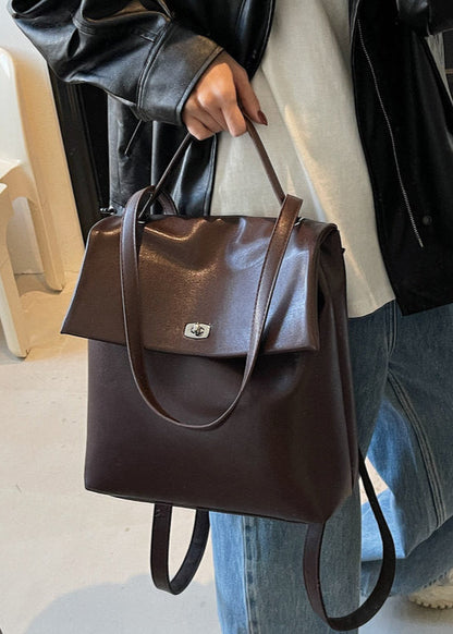 Leather Backpack With Silver Tone Twist Lock
