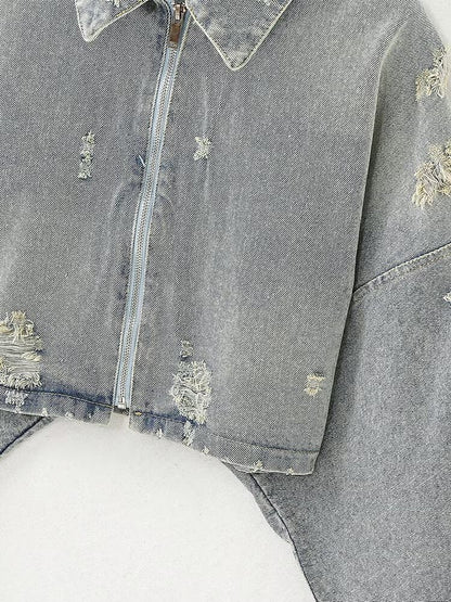 Trendy Ripped Denim Long Sleeve Cropped Jacket