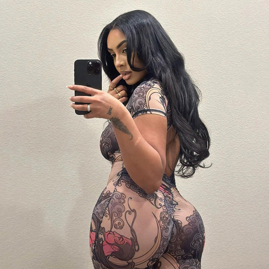 Sexy Backless High Neck Printed Bodysuit Shorts For Women