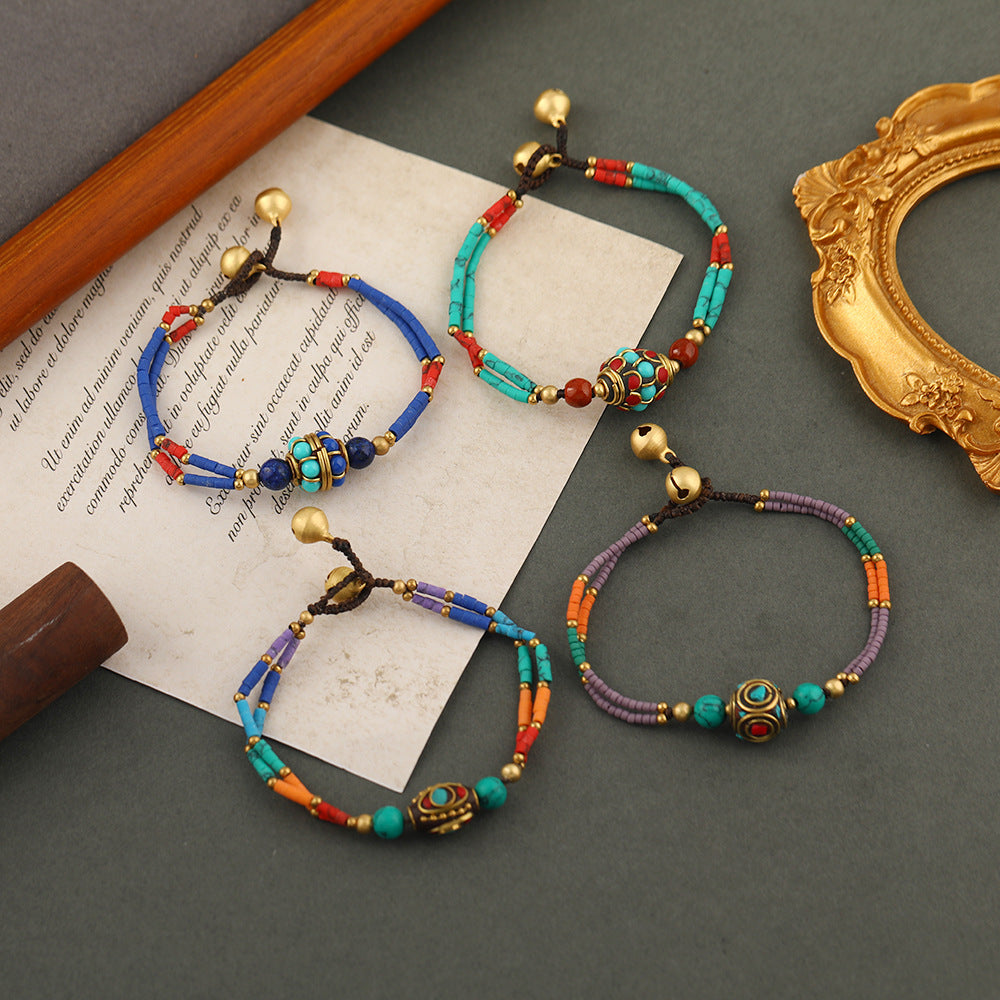 Bohemian Retro Nepalese Pearl Turquoise Frosted Stone Simple Multi-Color Beaded Hand Woven Bracelet