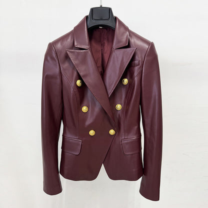 Burgundy Pu Leather Blazer Elegant Chic Jacket