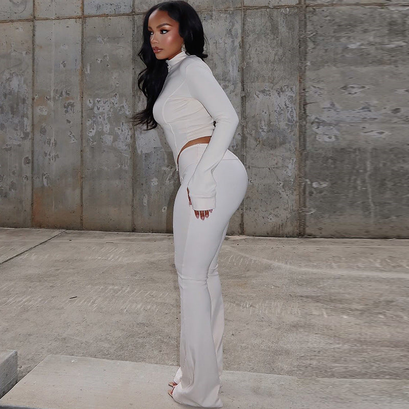 Fitted Cropped Top And Loose Fit Pants Set With Zipper