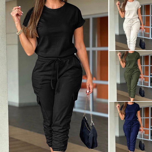 Women's Casual Short Sleeve Jumpsuit with Drawstring Pants