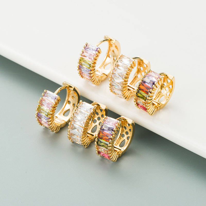 Colorful Zirconia Stud Earrings U-Shape Brass Plated with 18K Gold