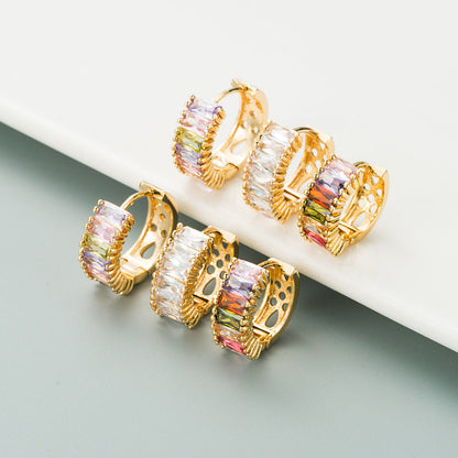 Colorful Zirconia Stud Earrings U-Shape Brass Plated with 18K Gold