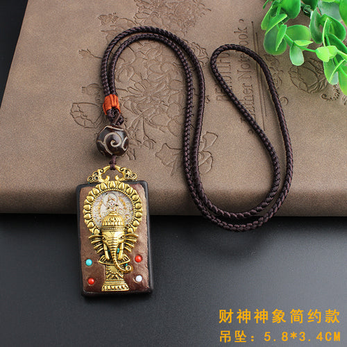 Vintage Ebony Nepal Pendant Fortune Transfer Necklace Long Versatile Ethnic Style Peace Card Pendant Necklace