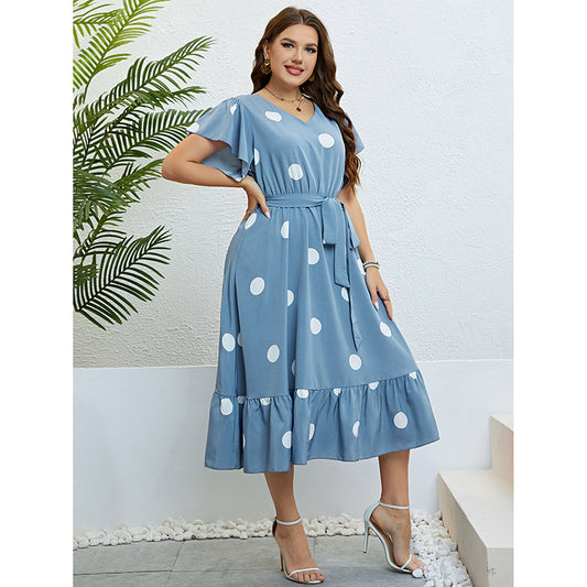 V-Neck Tie Waist Dress with Ruffled Sleeves
