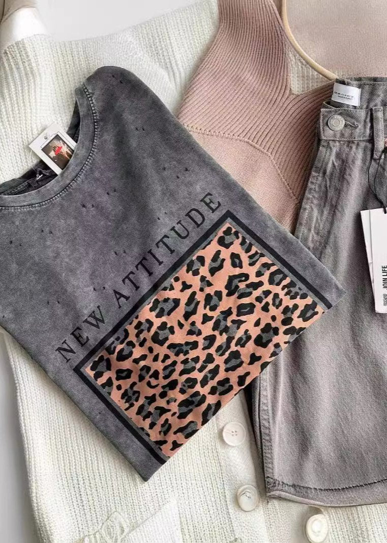 Cotton Graphic Tee With Leopard Statement