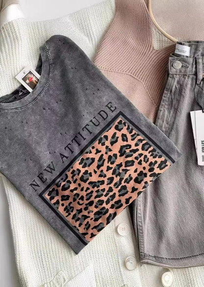 Cotton Graphic Tee With Leopard Statement